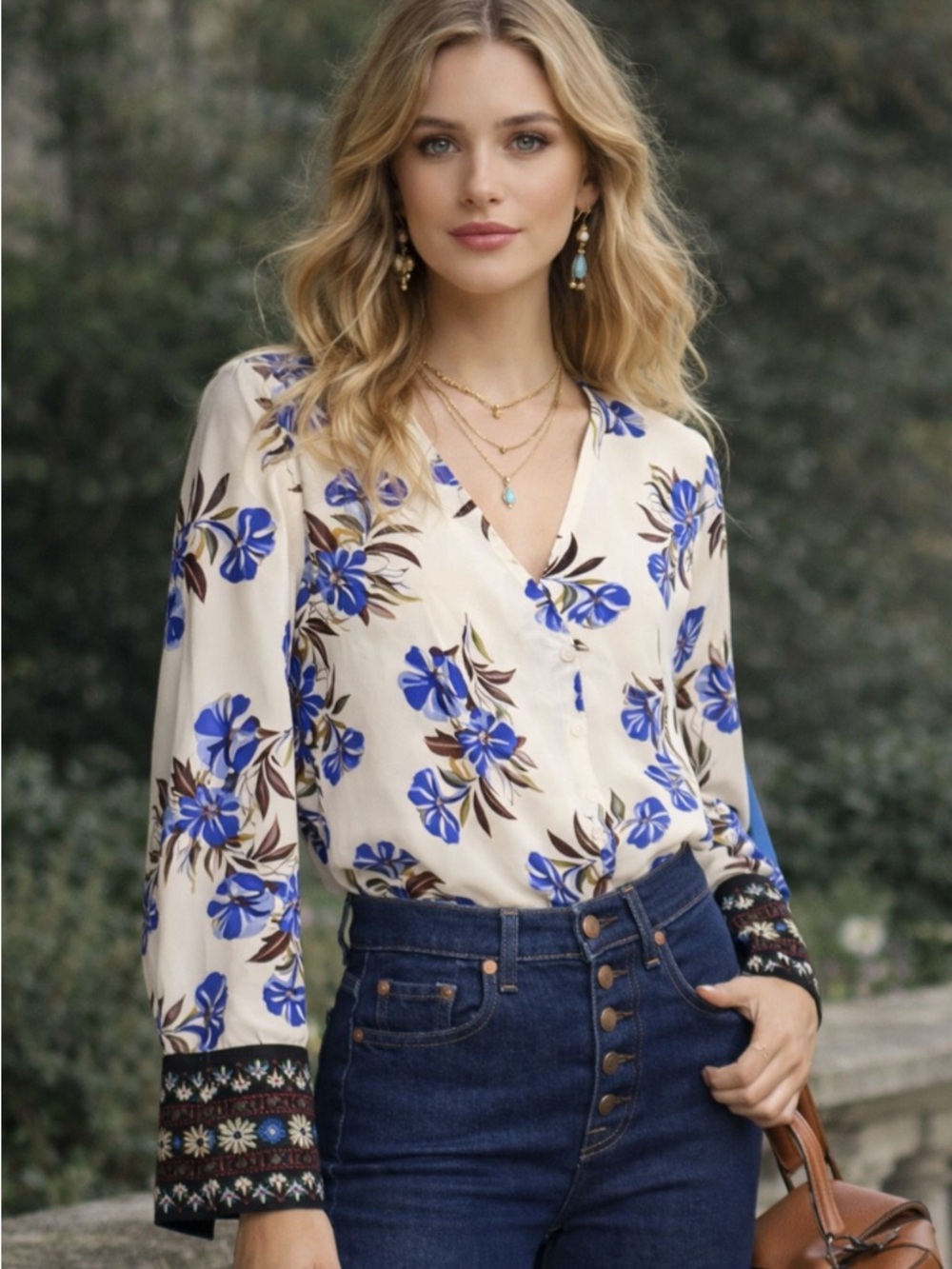 Kobi Halperin Cream Floral V-Neck Blouse with Blue Flowers